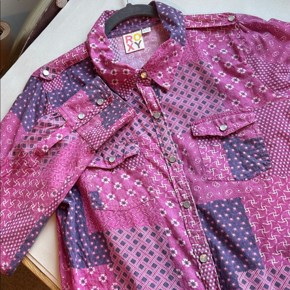 Roxy Patchwork Pearl Snap Down Blouse Womens Xl P… - image 3